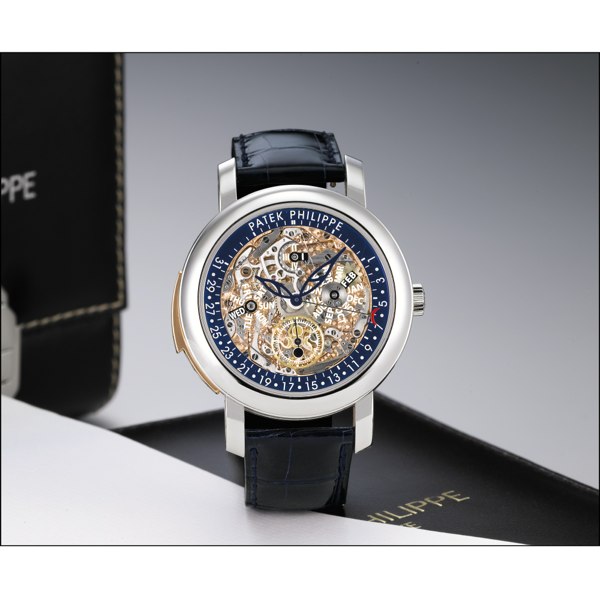 Patek Philippe AN EXTREMELY FINE AND RARE PLATINUM AND PINK GOLD AUTOMATIC MINUTE REPEATING SEMI-SKELETONIZED PERPETUAL CALENDAR WRISTWATCH WITH RETROGRADE DATE, MOON PHASES AND LEAP YEAR INDICATION MADE IN 2011 REF 5104P