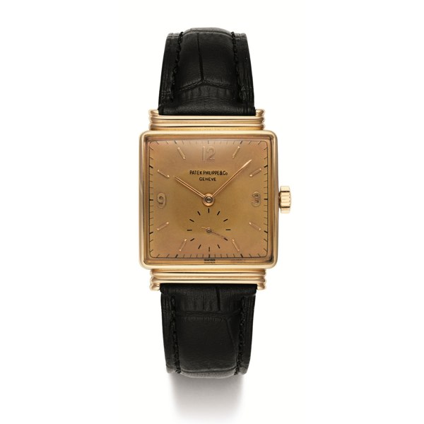 Patek Philippe AN UNUSUAL PINK GOLD SQUARE WRISTWATCH WITH HOODED LUGS MADE IN 1944 REF 1575 MVT 901557 CASE 636931