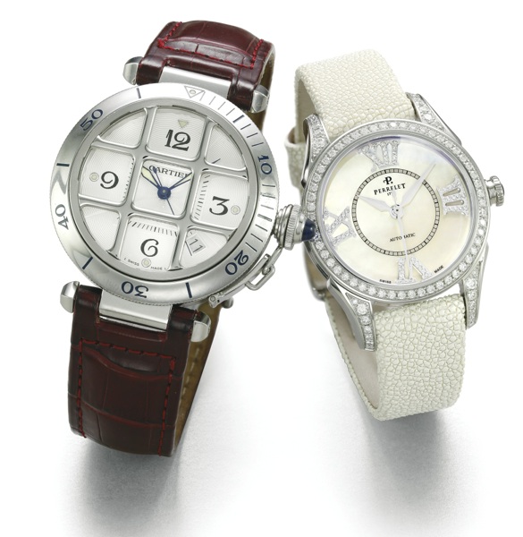 Cartier and Perrelet A LOT OF TWO STAINLESS STEEL AUTOMATIC CENTRE SECONDS WRISTWATCHES CARTIER PASHA GRILLE REF 2379 CASE 31527CD CIRCA 1999 AND PERRELET CASE A2014/A0101 CIRCA 2000