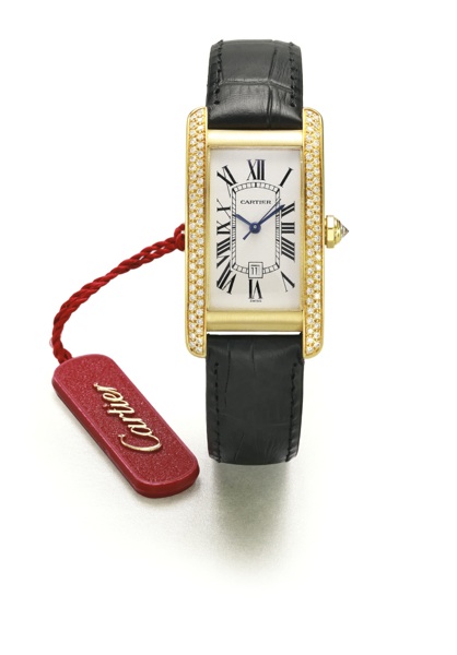 Cartier AN 18K YELLOW GOLD AND DIAMOND-SET RECTANGULAR AUTOMATIC CENTRE SECONDS WRISTWATCH WITH DATE REF 1725 CASE CC214311 TANK AMERICAINE CIRCA 1990