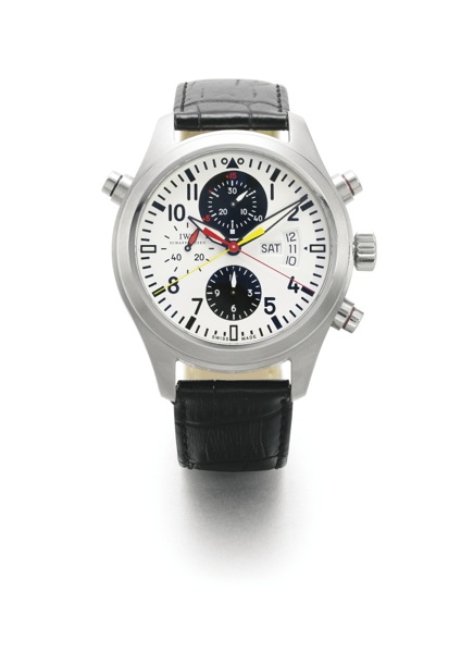 International Watch Co. A STAINLESS STEEL AUTOMATIC SPLIT CHRONOGRAPH WRISTWATCH WITH DAY DATE AND REGISTERS REF 3718 CASE 3380818 NO 04/500 SPITFIRE GERMAN FOOTBALL TEAM LIMITED EDITION CIRCA 2008