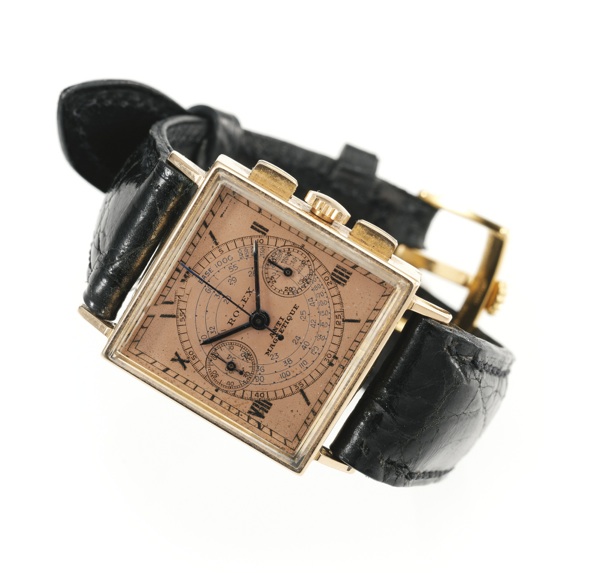 Rolex A FINE AND RARE SQUARE 18K PINK GOLD CHRONOGRAPH WRISTWATCH WITH REGISTER REF 3529 CASE 53452 ANTI-MAGNETIQUE CIRCA 1930
