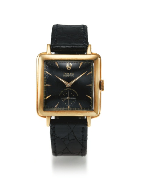 Rolex FINE AND RARE 18K YELLOW GOLD AUTOMATIC SQUARE WRISTWATCH WITH BLACK DIAL REF 4645 CERTIFIED CHRONOMETER 'CIOCCOLATONE' CIRCA 1945
