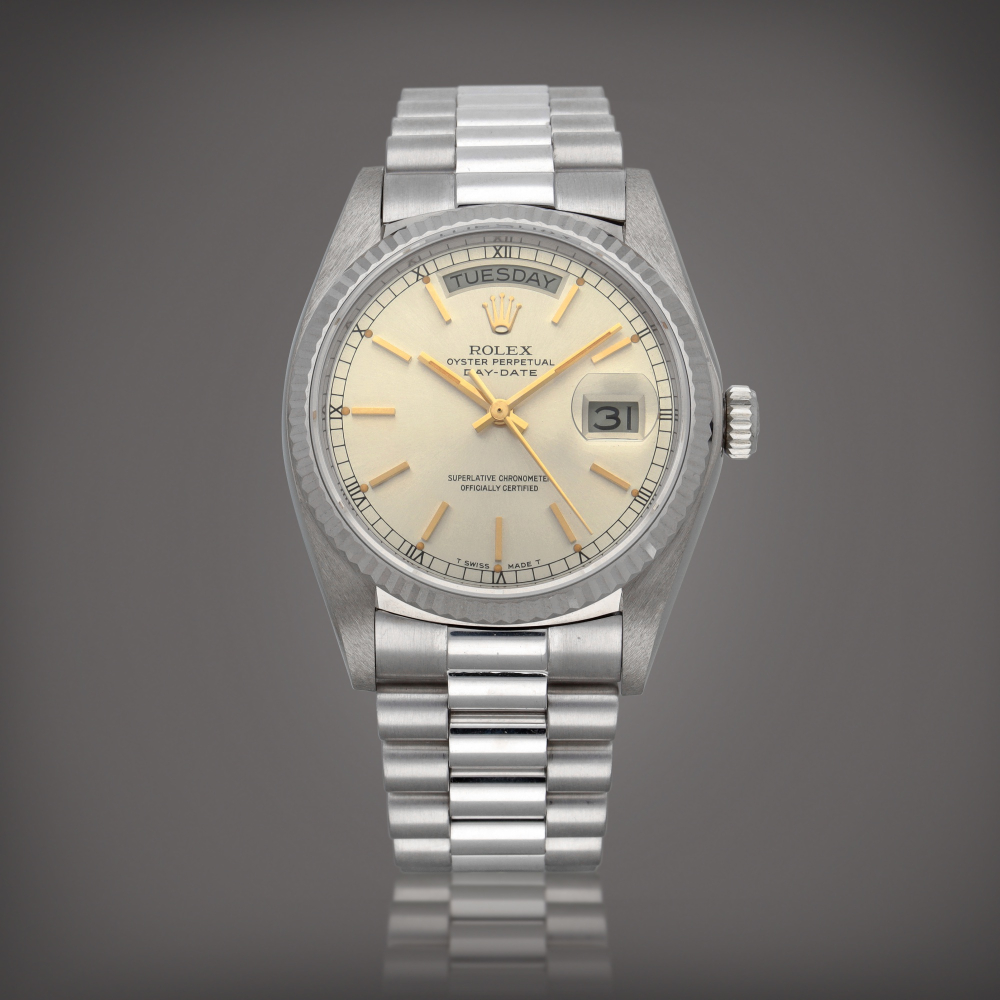 DayDate Reference 18039 A white gold wristwatch with day date and bracelet Circa 1981    DayDate  18039  1981