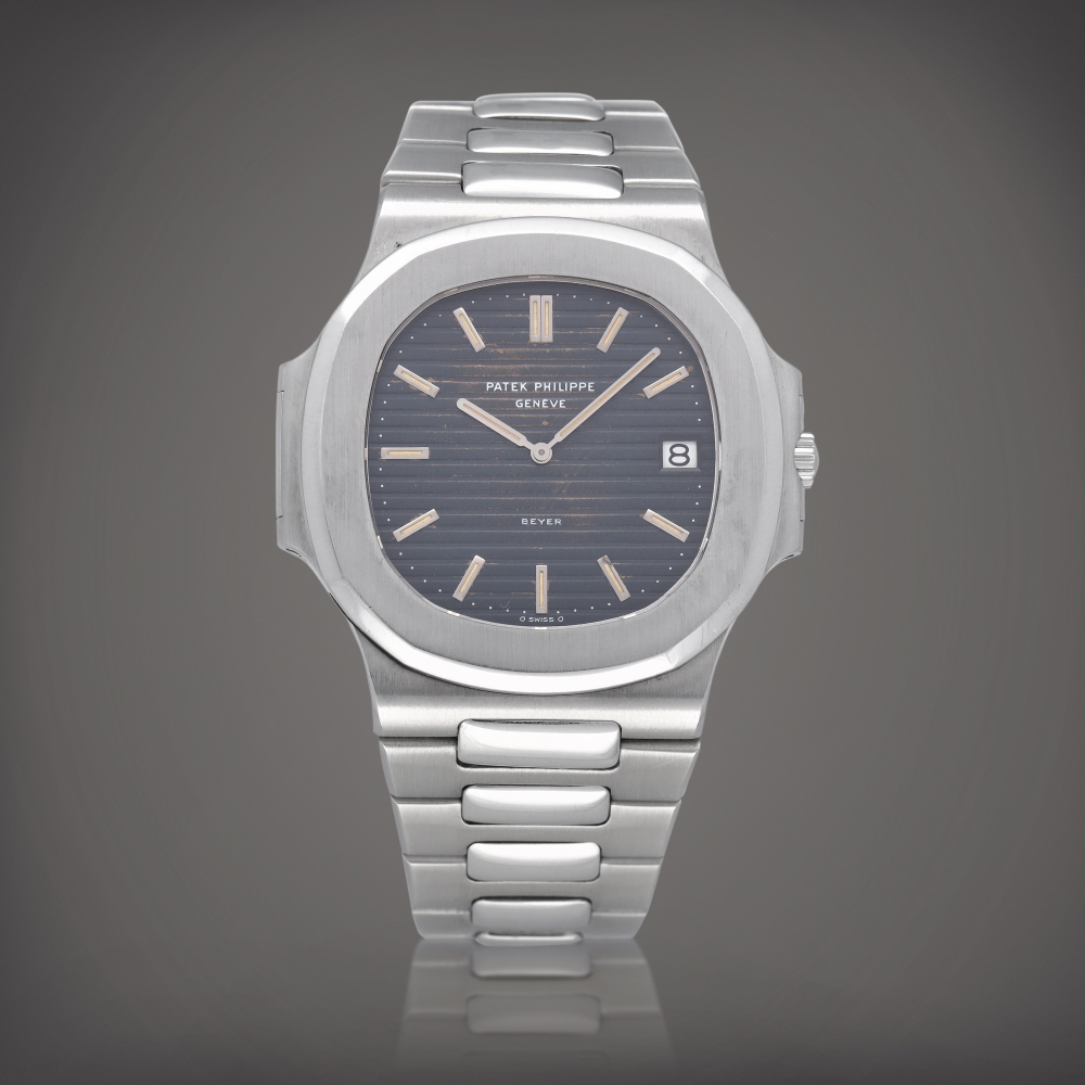 Retailed by Beyer Nautilus Jumbo Reference 3700 A stainless steel wristwatch with date and bracelet Made in 1977  Beyer  Nautilus Jumbo  3700  1977