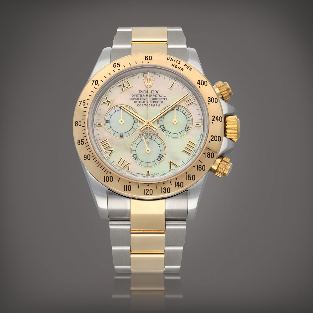 Daytona Reference 116523 A stainless steel and yellow gold automatic chronograph wristwatch with motherofpearl dial and bracelet Circa 2004    Daytona  116523  2004