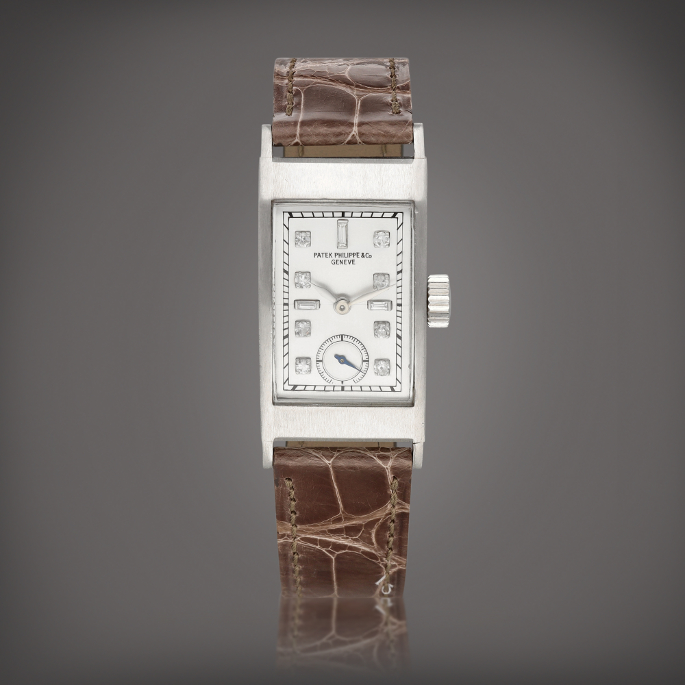 Tegolino', Reference 425 | A platinum tonneau wristwatch with diamond indexes | Circa 1939