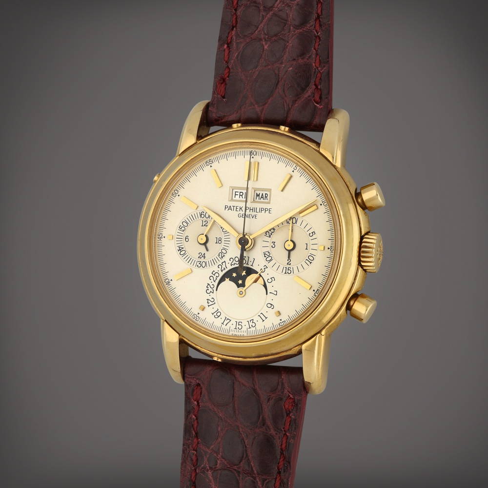 Reference 3971 Snapon back  A yellow gold perpetual calendar chronograph wristwatch with moon phases 24 hours and leap year indication  Made in 1987    3971  241987