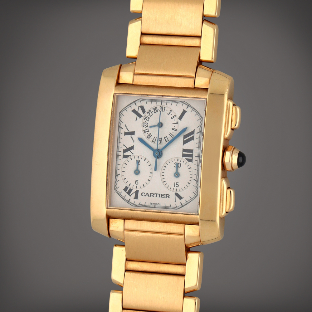 Tank française, Reference 1830 | A yellow gold chronograph wristwatch with date and bracelet | Circa 2000