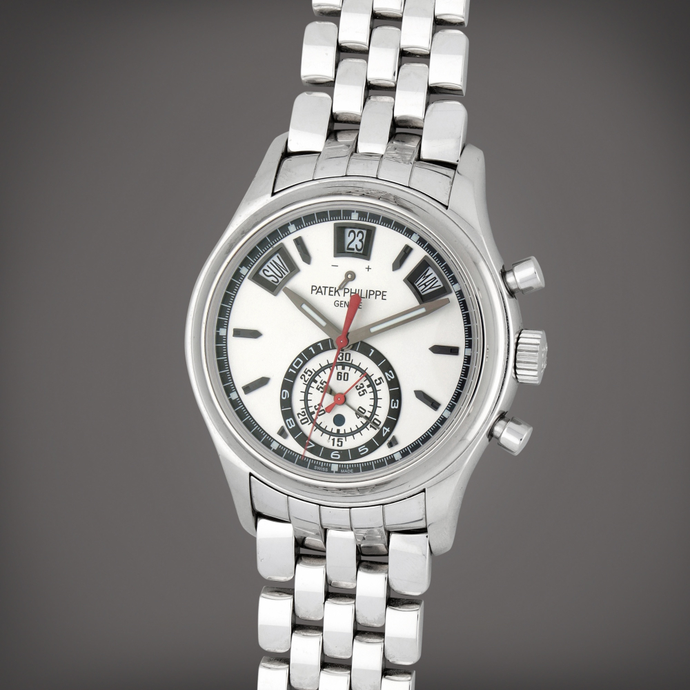 Reference 5960/1A-001 | A stainless steel annual calendar flyback chronograph wristwatch with power reserve, day/night indication and bracelet | Circa 2015