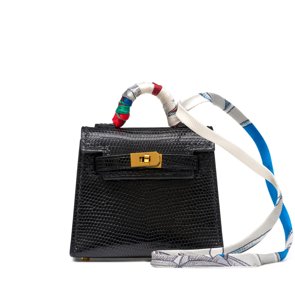 Black Shiny Niloticus Lizard Micro Mini Twilly Kelly Bag Charm Palladium Hardware, 2022
