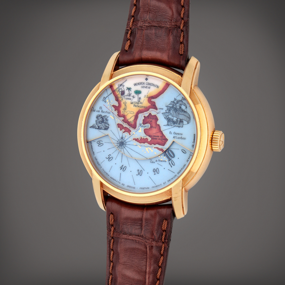 Vacheron Constantin

Les Métiers d'Arts Tribute to the Great Explorers 'Magellan', Reference 47070/000J-9076 | A yellow gold wandering hours wristwatch | Made in 2006