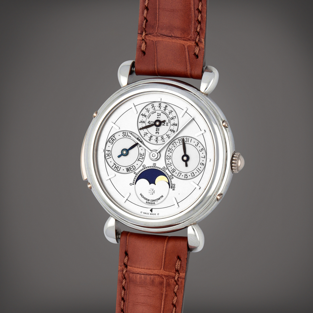 Vacheron Constantin

Patrimony Minute Repeater Perpetual Calendar, Reference 30020/000P-7596 | A platinum minute repeating perpetual calendar wristwatch with lapis lazuli moon phases and leap year indication | Made in 2004