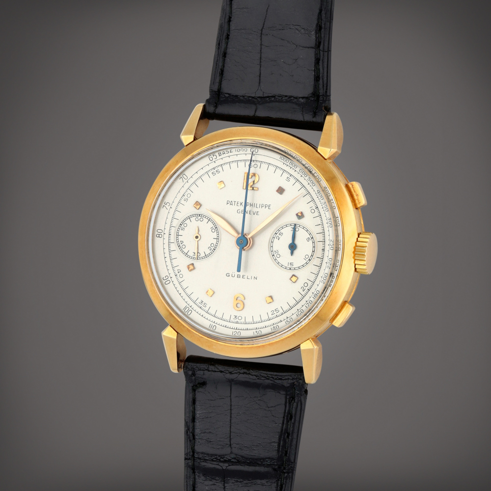 Patek Philippe

Retailed by Gübelin: 'Spider Lugs', Reference 1579 | A yellow gold chronograph wristwatch with fancy lugs | Made in 1955