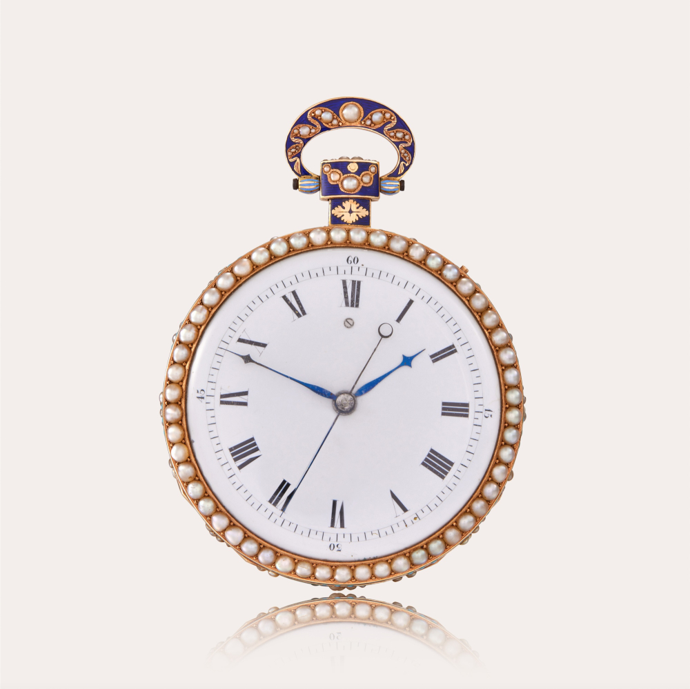 PROPERTY FROM AN ERUDITE COLLECTOR Attributed to Piguet Meylan and Frères Oltramere A fine and extremely rare gold, enamel and pearl-set open-faced minute repeating centre seconds watch made for the Chinese market with double wheel duplex escapement an