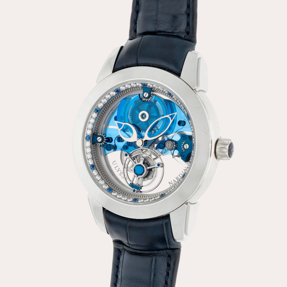 Ulysse Nardin Tourbillon Volant Bleu, Reference 799-90 | A limited edition platinum skeletonized tourbillon wristwatch | Circa 2010