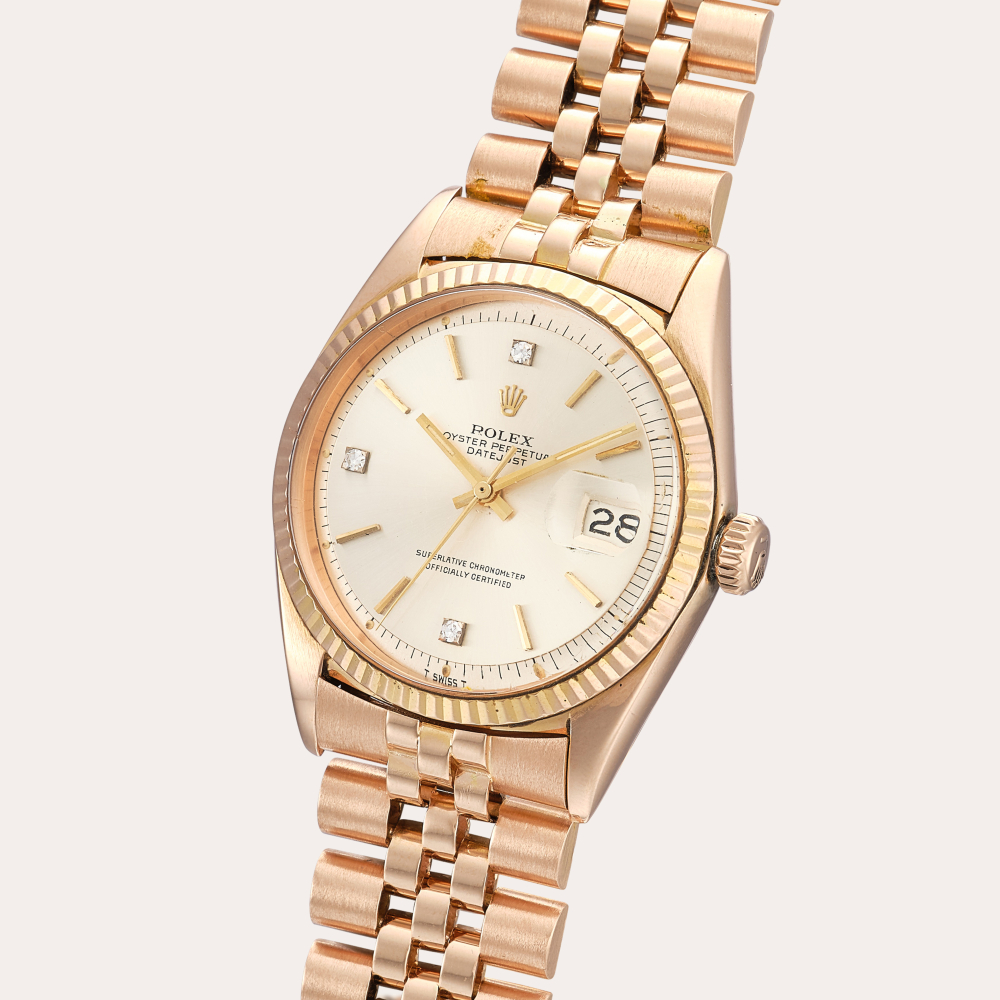 Rolex DateJust, Reference 1601 | A pink gold and diamond-set wristwatch with date and bracelet | Circa 1968