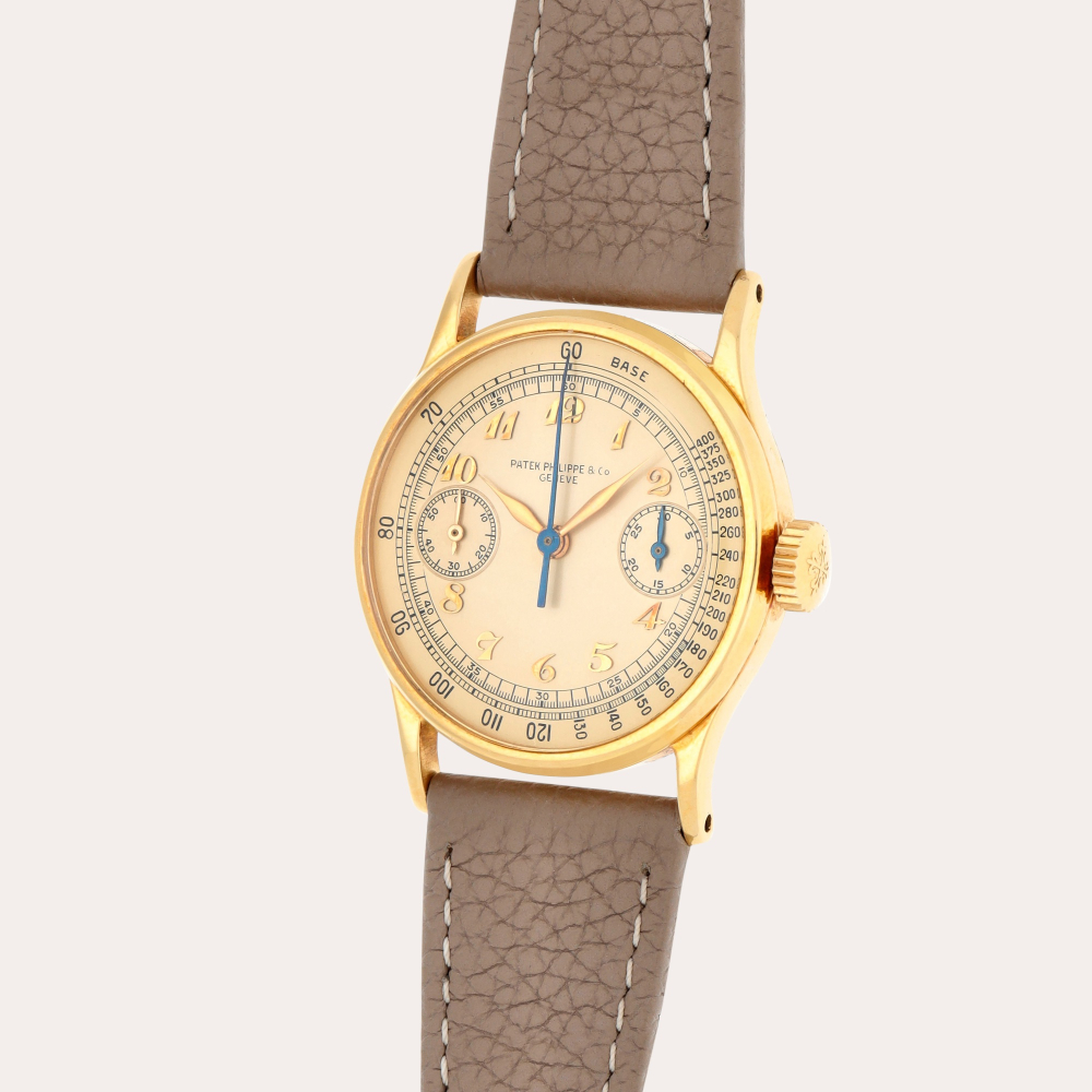 Patek Philippe Reference 130 | A unique yellow gold mono-pusher chronograph wristwatch with Breguet numerals and champagne dial | Made in 1937