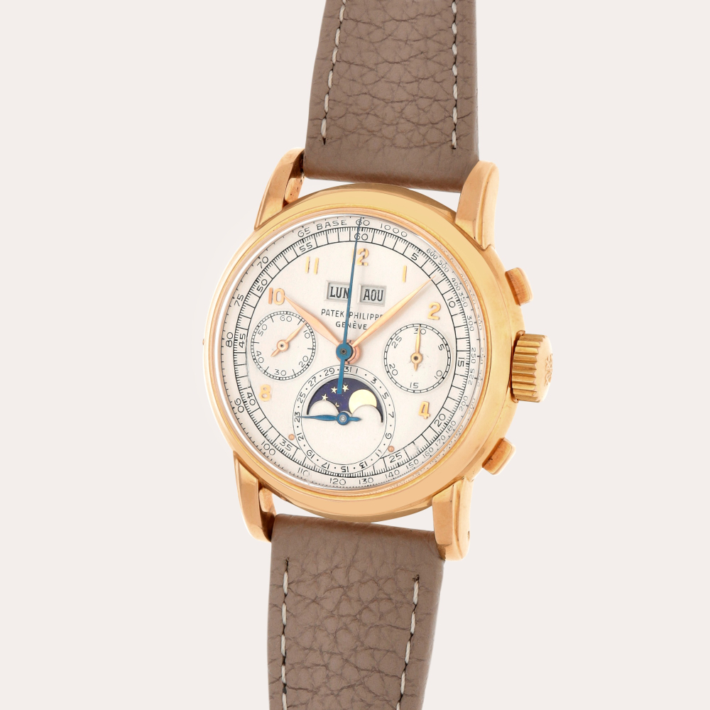 Patek Philippe 'First Series', Reference 2499 | A pink gold perpetual calendar chronograph wristwatch with moon phases and case by Wenger | Made in 1950