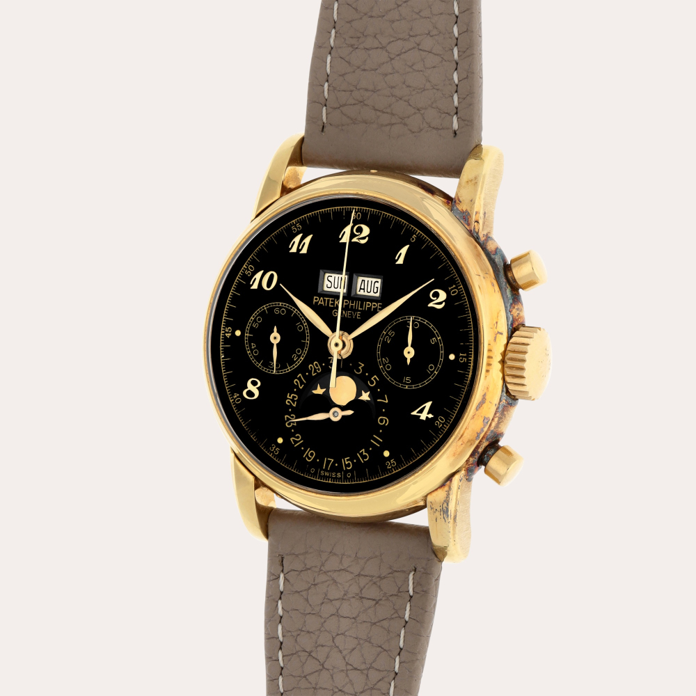 Patek Philippe 'Third Series', Reference 2499 | A yellow gold perpetual calendar chronograph wristwatch with moon phases and black lacquer dial with Breguet numerals | Made in 1954