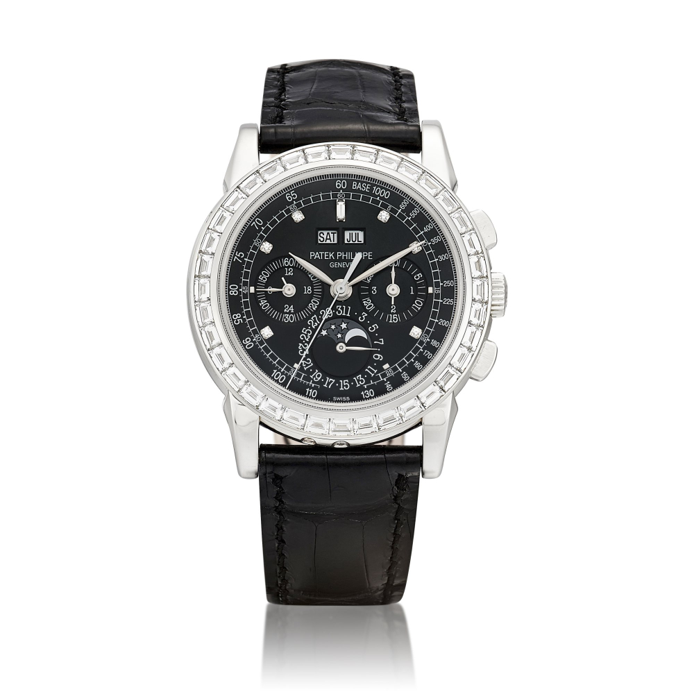 Reference 5971  A platinum and baguette cut diamondset perpetual calendar chronograph wristwatch with day date moon phases 24 hours and leap year indication Circa 2008  5971 242008  5971  242008