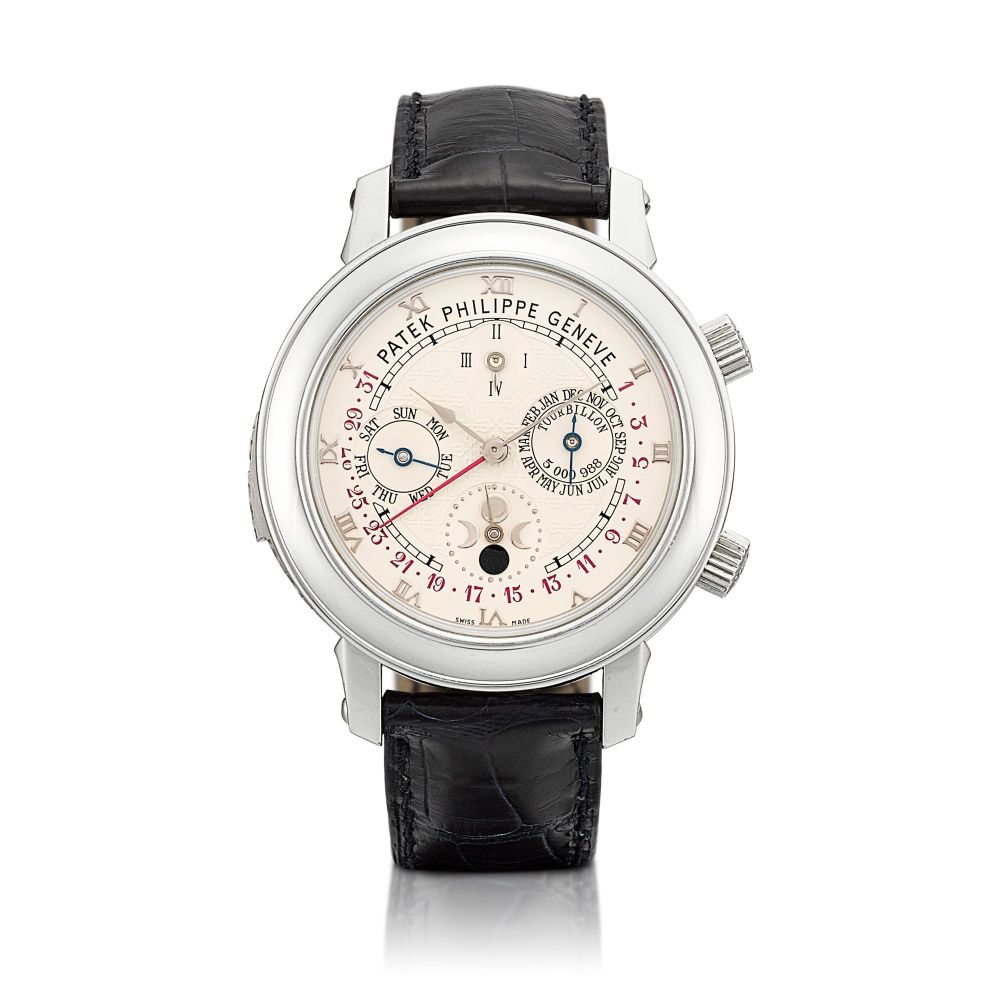 Sky Moon Tourbillon 988 Reference 5002  A platinum double dial wristwatch with twelve complications including tourbillon minute repeating on cathedral gongs perpetual calendar retrograde date sky chart moon phases orbit display and sidereal time Circa 201