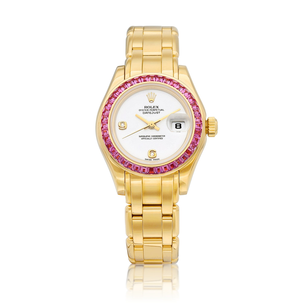 DateJust Reference 69308  A yellow gold diamond and pinksapphire set wristwatch with date and bracelet Circa 1995    DateJust 69308  1995