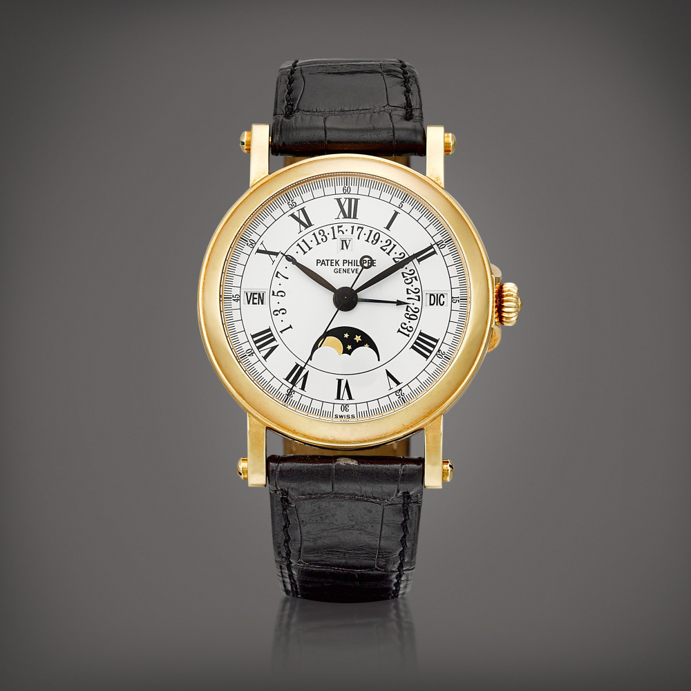 Reference 5059  A yellow gold perpetual calendar wristwatch with day retrograde date moon phases and leap year indication Circa 1999    5059  1999