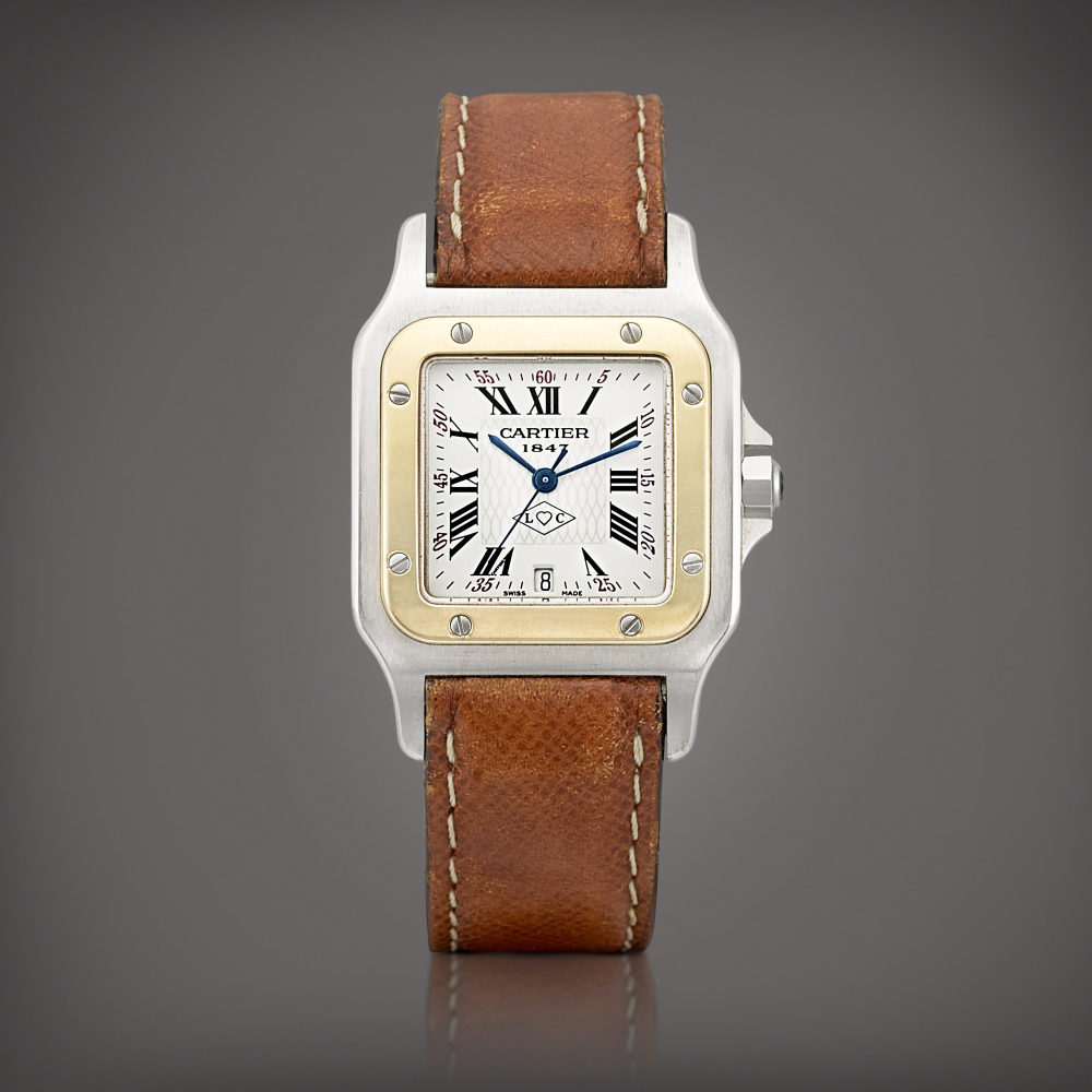 Santos Galbe Reference 1566  A yellow gold and stainless steel wristwatch with date Made to commemorate the 150th anniversary of Cartier Circa 1997    Santos Galbe 1566  1501997