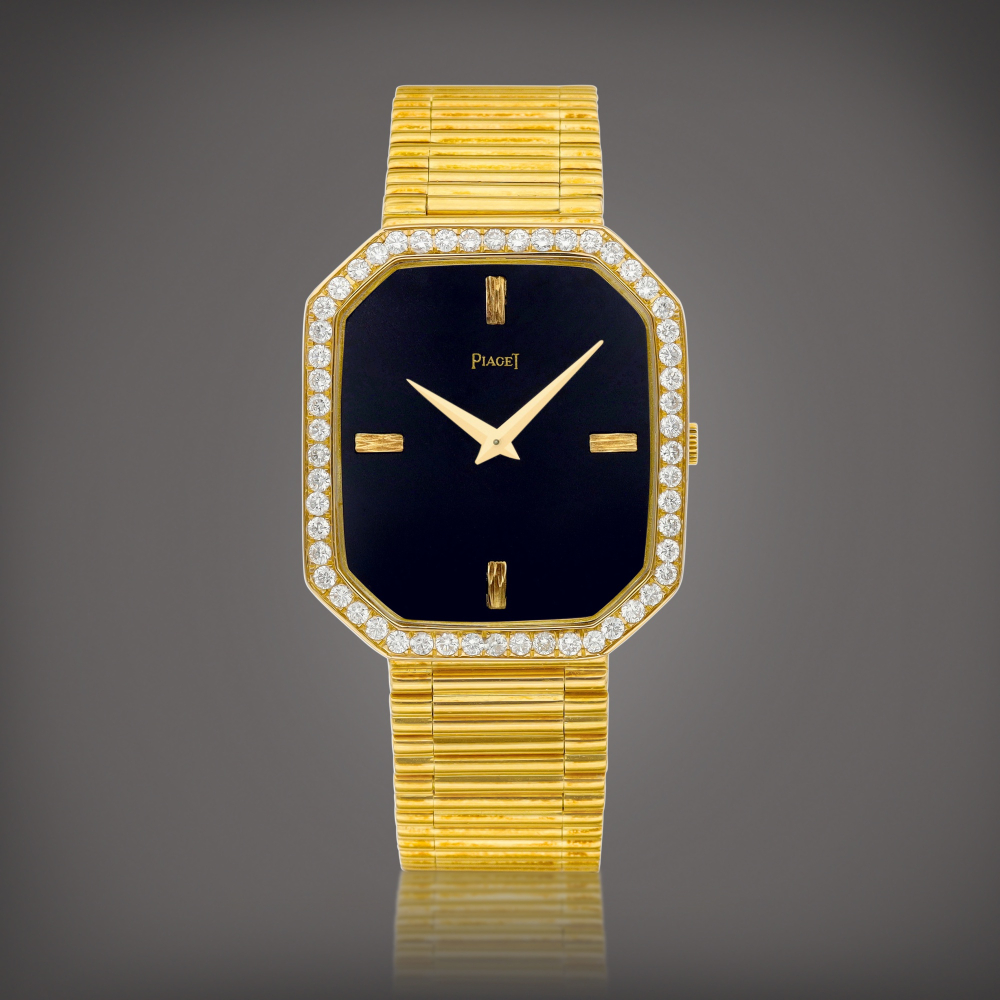Reference 9792  A yellow gold and diamondset bracelet watch with onyx dial Circa 1970     9792  1970