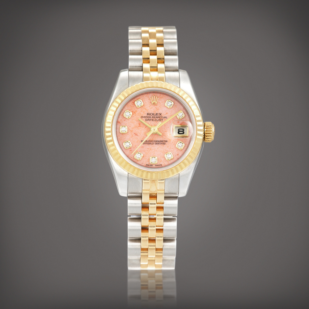 DateJust Reference 179173  A yellow gold stainless steel and diamondset wristwatch with date coral dial and bracelet Circa 2009    DateJust 179173  2009