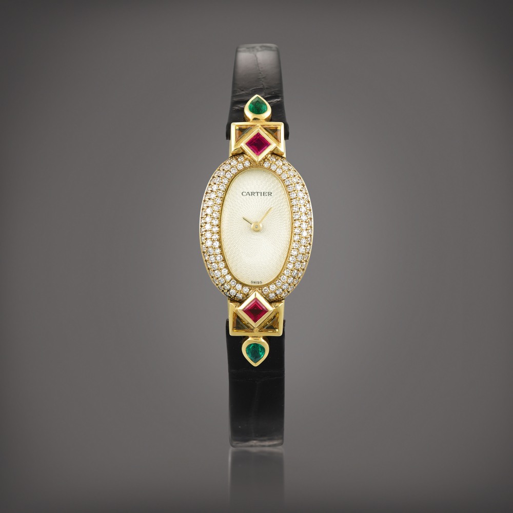 Mini Baignoire Reference 1960  A yellow gold diamond and multigemset wristwatch Circa 2000   Mini Baignoire 1960  2000