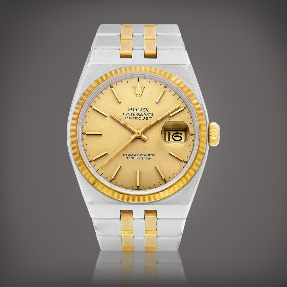 Oysterquartz DateJust Reference 17013  A yellow gold and stainless steel wristwatch with date and bracelet Circa 1979    Oysterquartz DateJust 17013  1979