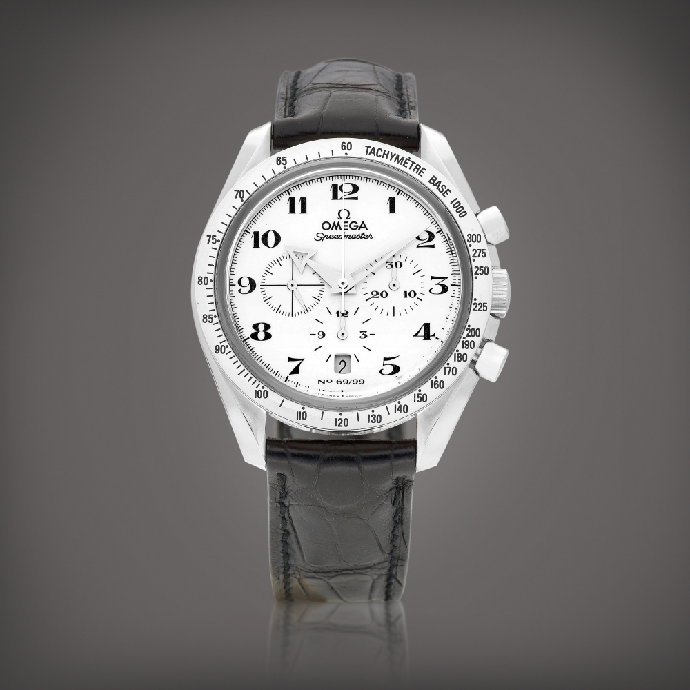 Speedmaster Broad Arrow Reference 36572031  A limited edition white gold chronograph wristwatch with date and enamel dial Circa 2003     36572031  2003