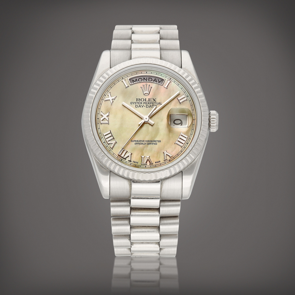 DayDate Reference 118239  A white gold wristwatch with day date motherofpearl dial and bracelet Circa 2000    DayDate 118239  2000