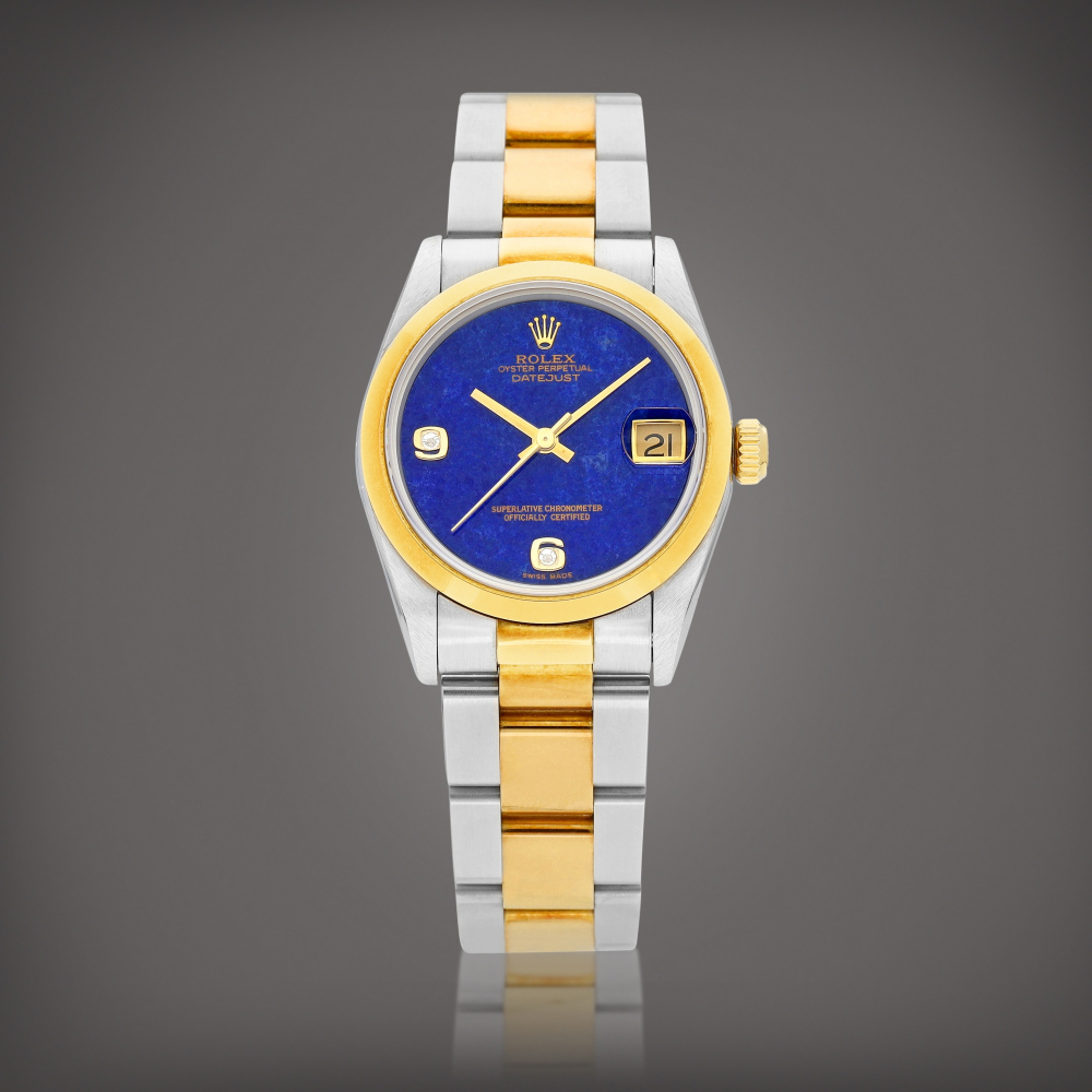 DateJust Reference 68243  A yellow gold stainless steel and diamondset wristwatch with date lapis lazuli dial and bracelet Circa 1996    DateJust 68243  1996