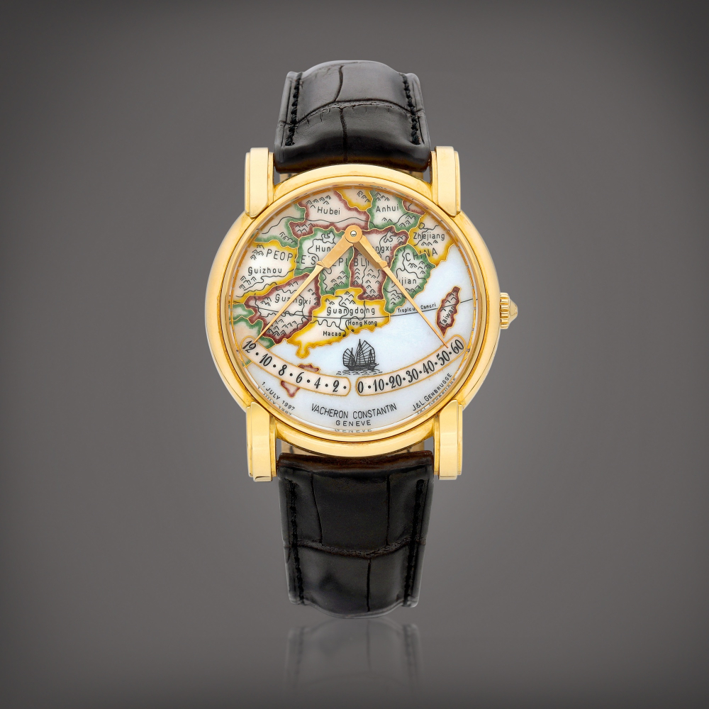 Mercator Reference 43050  A limited edition pink gold retrograde wristwatch with champlev enamel dial Made to celebrate the handover of Hong Kong to China Circa 1997    MERCATOR 43050  1997