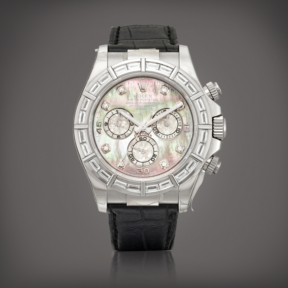 Cosmograph Daytona Reference 116589  A white gold and diamondset chronograph wristwatch with motherofpearl dial Circa 2013    COSMOGRAPH DAYTONA 116589  2013