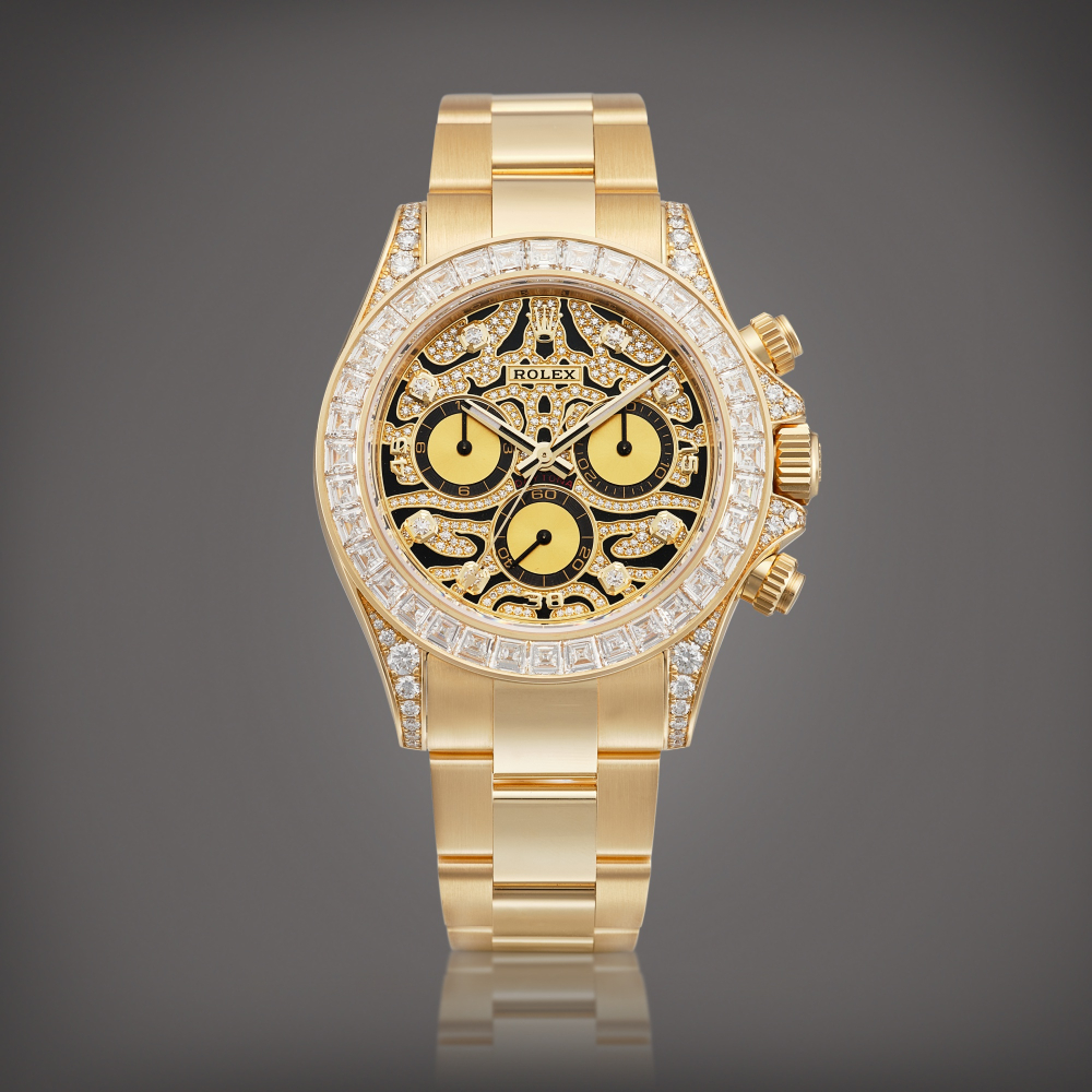 Cosmograph Daytona Eye of the Tiger Reference 116598 TBR  A yellow gold and diamondset chronograph wristwatch with black lacquer tiger motif dial and bracelet Circa 2022    COSMOGRAPH DAYTONA EYE OF THE TIGER 116598 TBR  2022