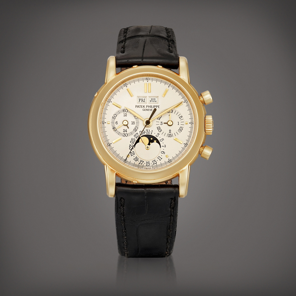 Reference 3970  A yellow gold perpetual calendar chronograph wristwatch with moon phases 24 hours and leap year indication Circa 1991    3970  241991