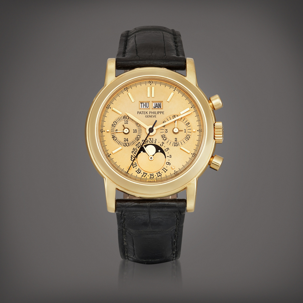 Reference 3970  A yellow gold perpetual calendar chronograph wristwatch with moon phases 24 hours and leap year indication Circa 1998    3970  241998