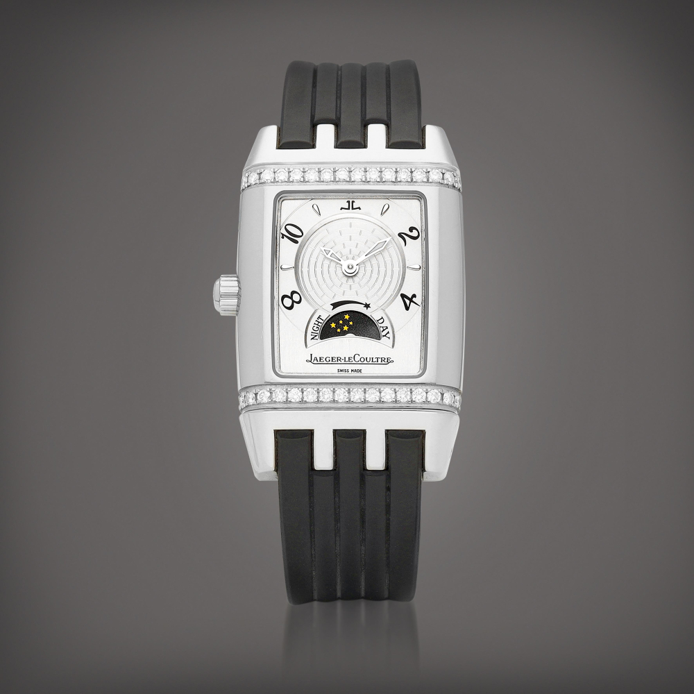 JaegerLeCoultre Reverso Reference 296874 A stainless steel and diamondset reversible dual time zone wristwatch with day and night indication Circa 2000    Reverso 296874  2000