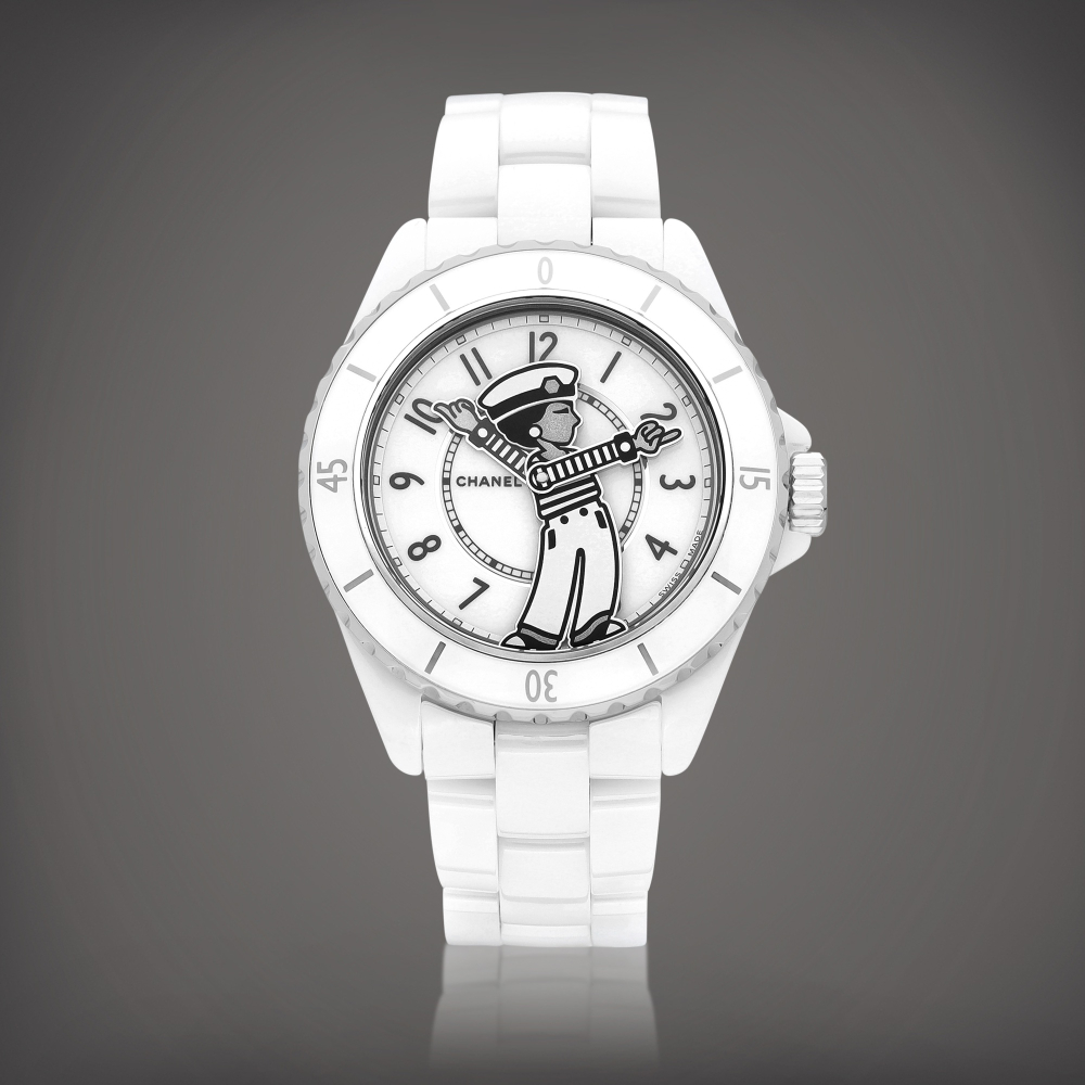 Mademoiselle J12 La Pausa Reference H7481  A limited edition white ceramic and stainless steel wristwatch with statuette of Mademoiselle Chanel dial and bracelet Circa 2023    Mademoiselle J12 La Pausa H7481  Mademoiselle Chanel2023