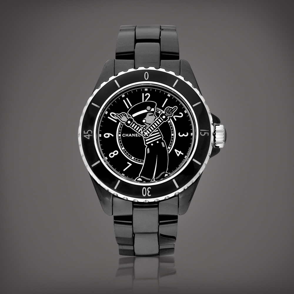 Mademoiselle J12 La Pausa Reference H7609  A brand new limited edition black ceramic and stainless steel wristwatch with statuette of Mademoiselle Chanel dial and bracelet Circa 2023    Mademoiselle J12 La Pausa H7609  Mademoiselle Chanel2023