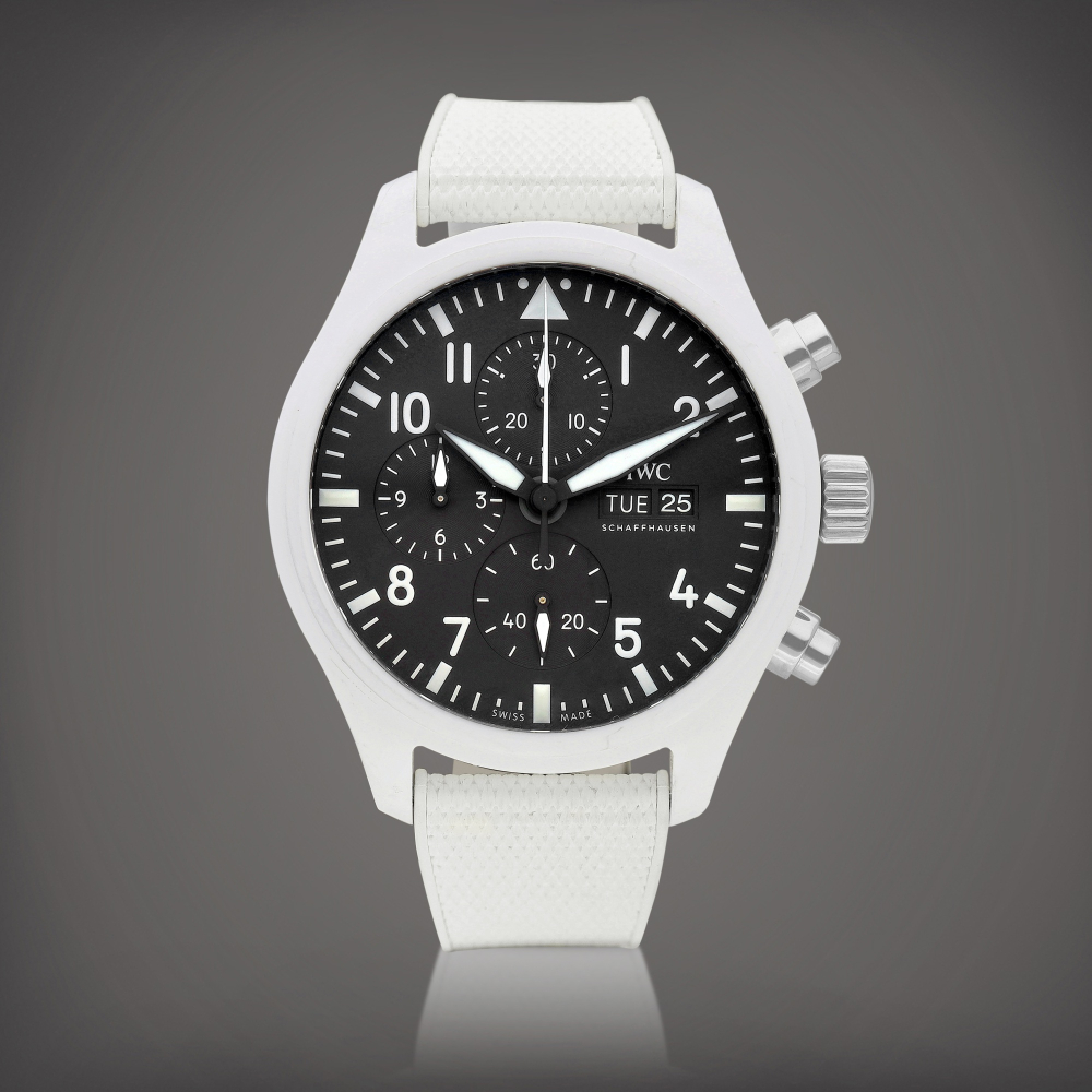 Pilot Top Gun Lake Tahoe Reference IW389105  A white ceramic chronograph wristwatch with day and date Circa 2022    Pilot Top Gun Lake Tahoe IW389105  2022
