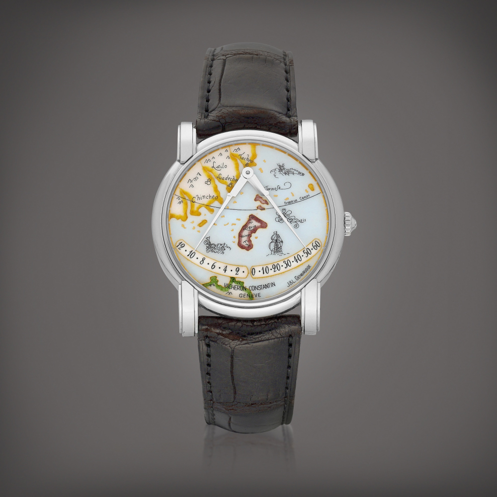 PROPERTY FROM AN IMPORTANT ASIAN COLLECTOR  Vacheron Constantin  Mercator, Reference 43050 A platinum double retrograde wristwatch with cloisonné enamel dial, Circa 2000 