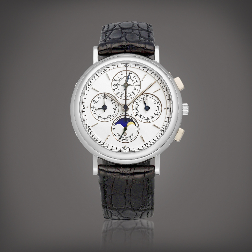PROPERTY FROM A PROMINENT COLLECTOR  Vacheron Constantin  Patrimony, Reference 49005 A platinum perpetual calendar chronograph wristwatch with moon phases and leap year indication, Circa 1995 
