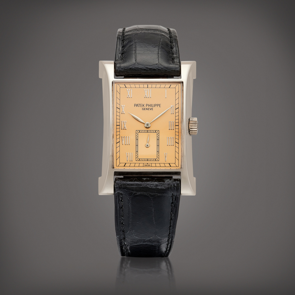 PROPERTY FROM A PROMINENT COLLECTOR  Patek Philippe  Pagoda, Reference 5500 A limited edition white gold wristwatch with salmon dial, Made to commemorate the opening of Patek Philippe's watchmaking centre in Geneva, Circa 1997 