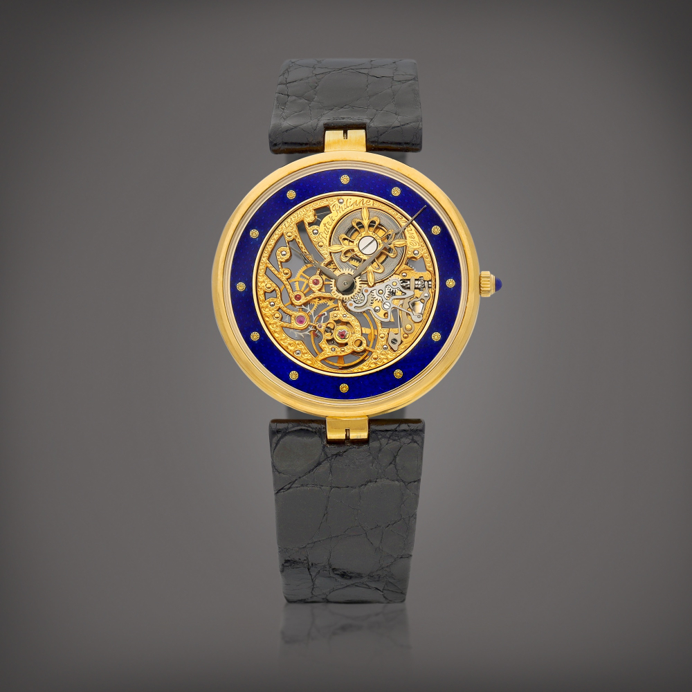 PROPERTY FROM A PROMINENT COLLECTOR  Patek Philippe  Squelette, Reference 3885 A yellow gold skeletonised wristwatch with enamel, Circa 1990 