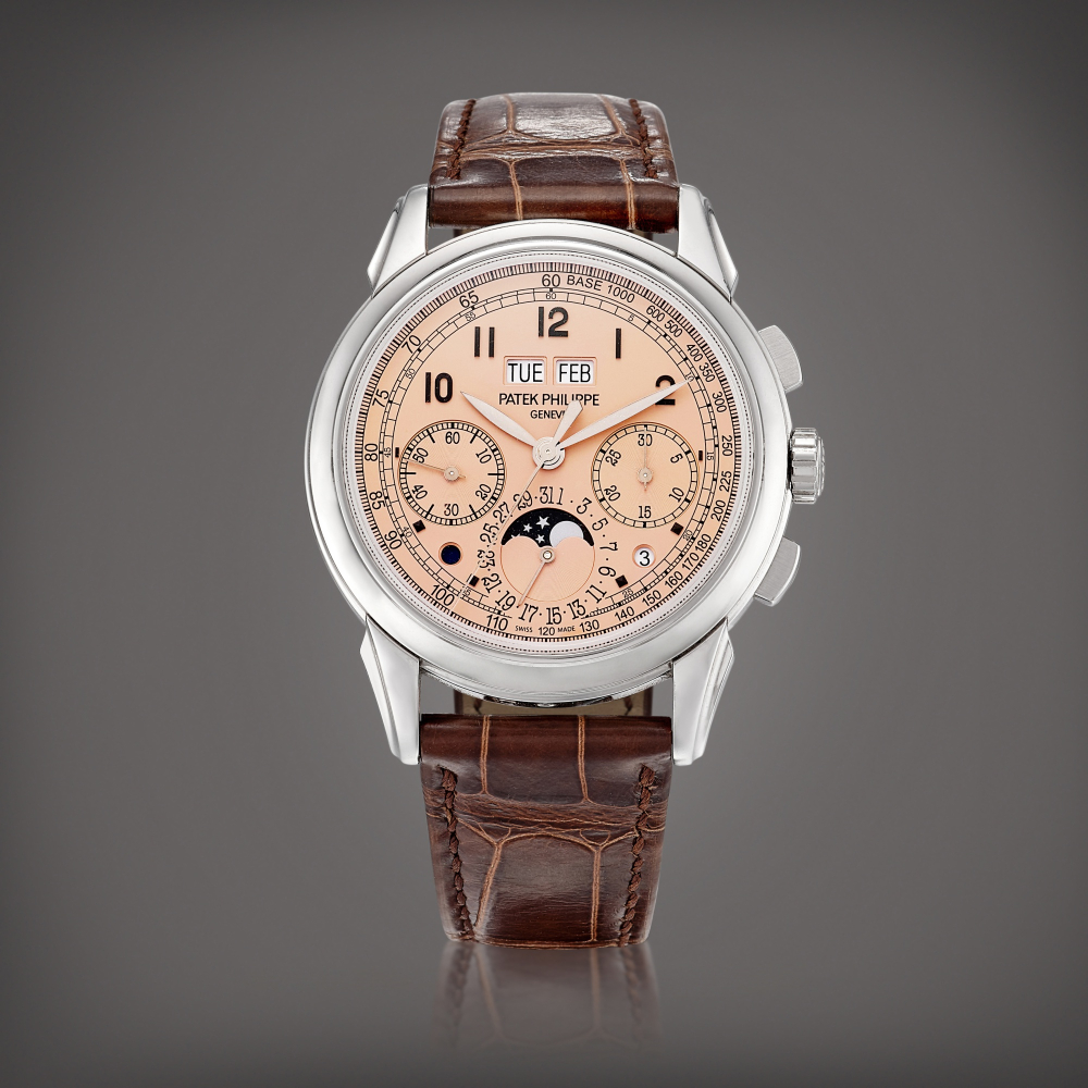 Patek Philippe  Reference 5270 A platinum perpetual calendar chronograph wristwatch with moon phases, leap year, day and night indication and salmon dial, Circa 2020 